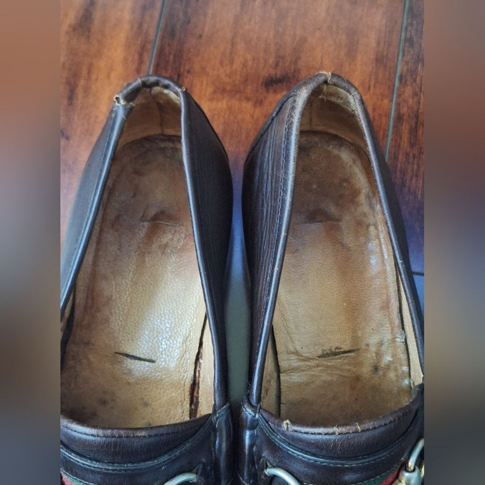 Gucci 80s Men’s Brown Leather 1953 Gold Horsebit Loafers Green Red Web 42 USA 9 - Picture 7 of 12